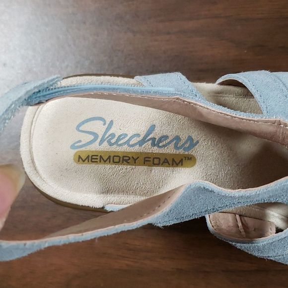 Skechers Stylin Blue Suede Peep-toe Slingback Wedge Size 6½ - Picture 6 of 7